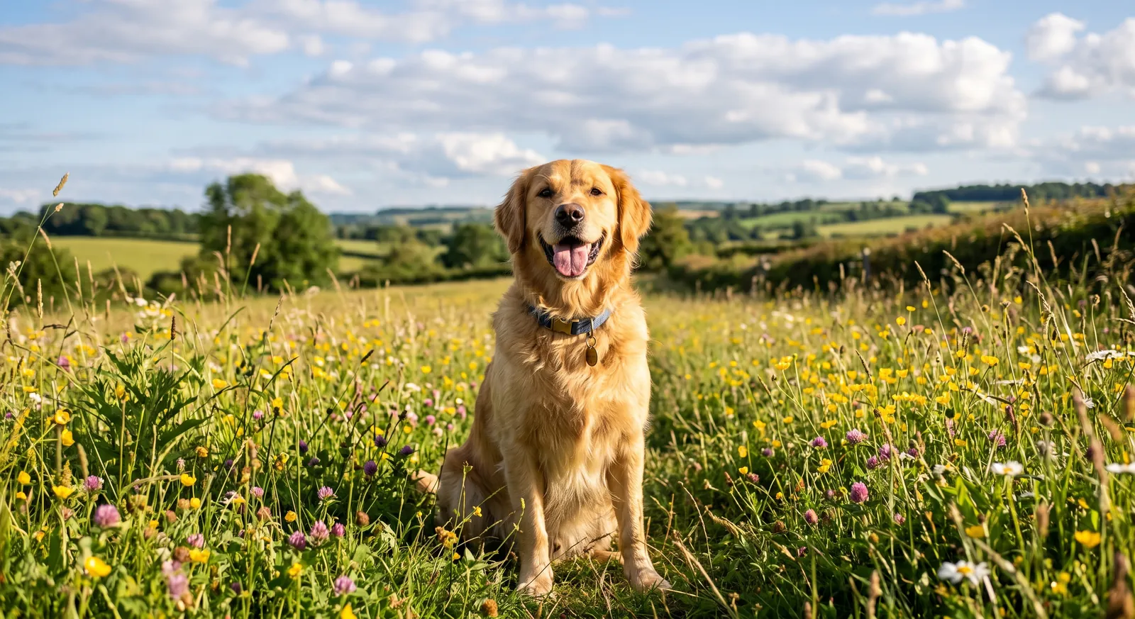 Golden retriever sitting calmly off leash in a wildflower meadow