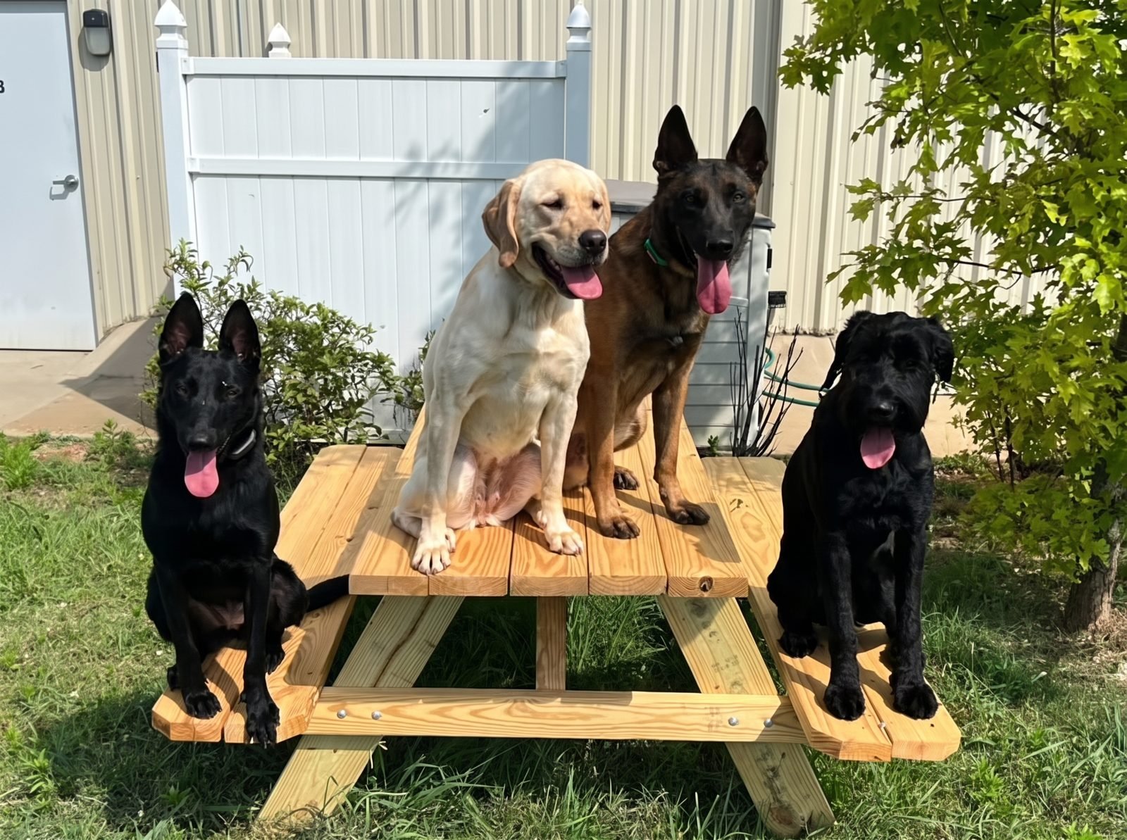 Four dogs holding a group stay on and around a picnic table in an outdoor group class
